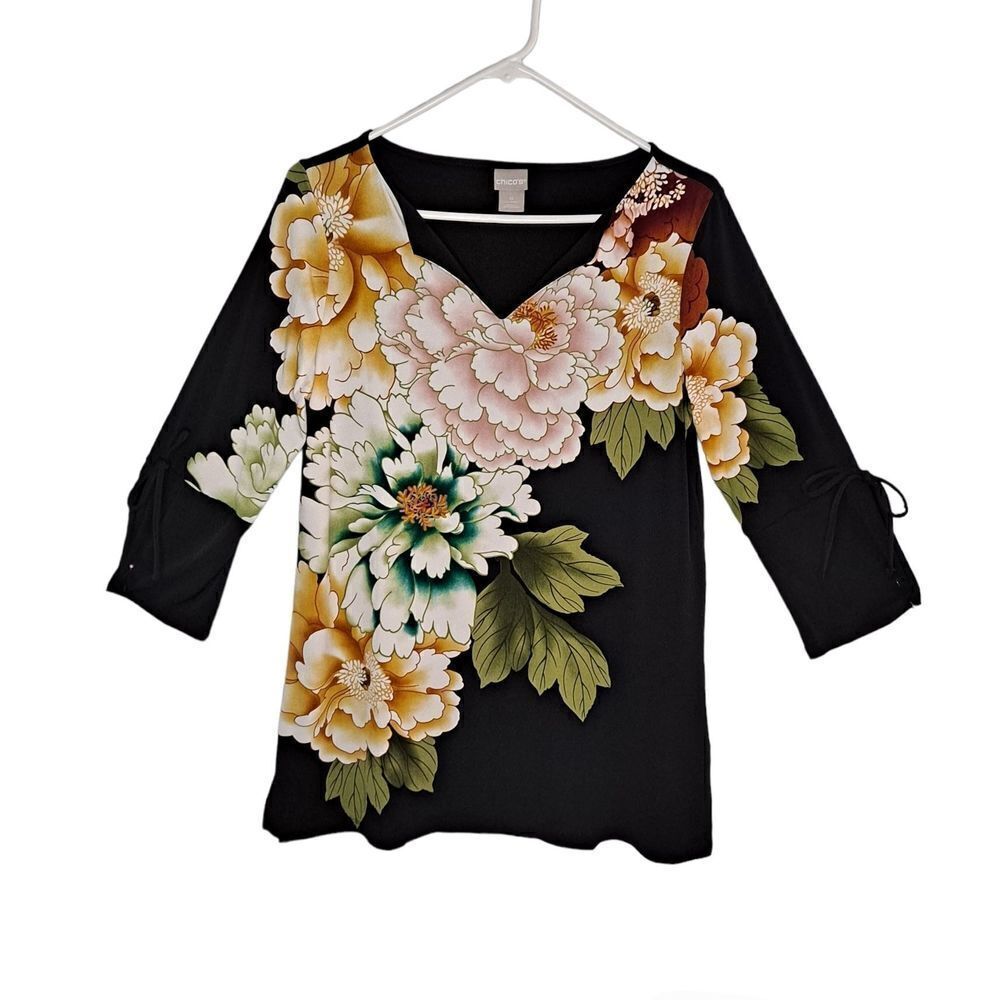 Chico's Floral Pullover Blouse Black Green 0 or Small